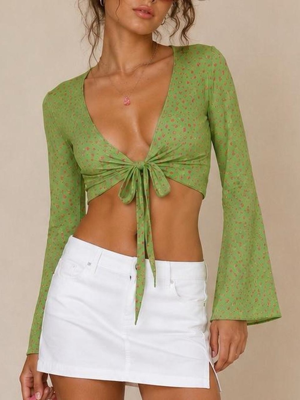 Green Floral Tie-Front Crop Top with Bell Sleeves
